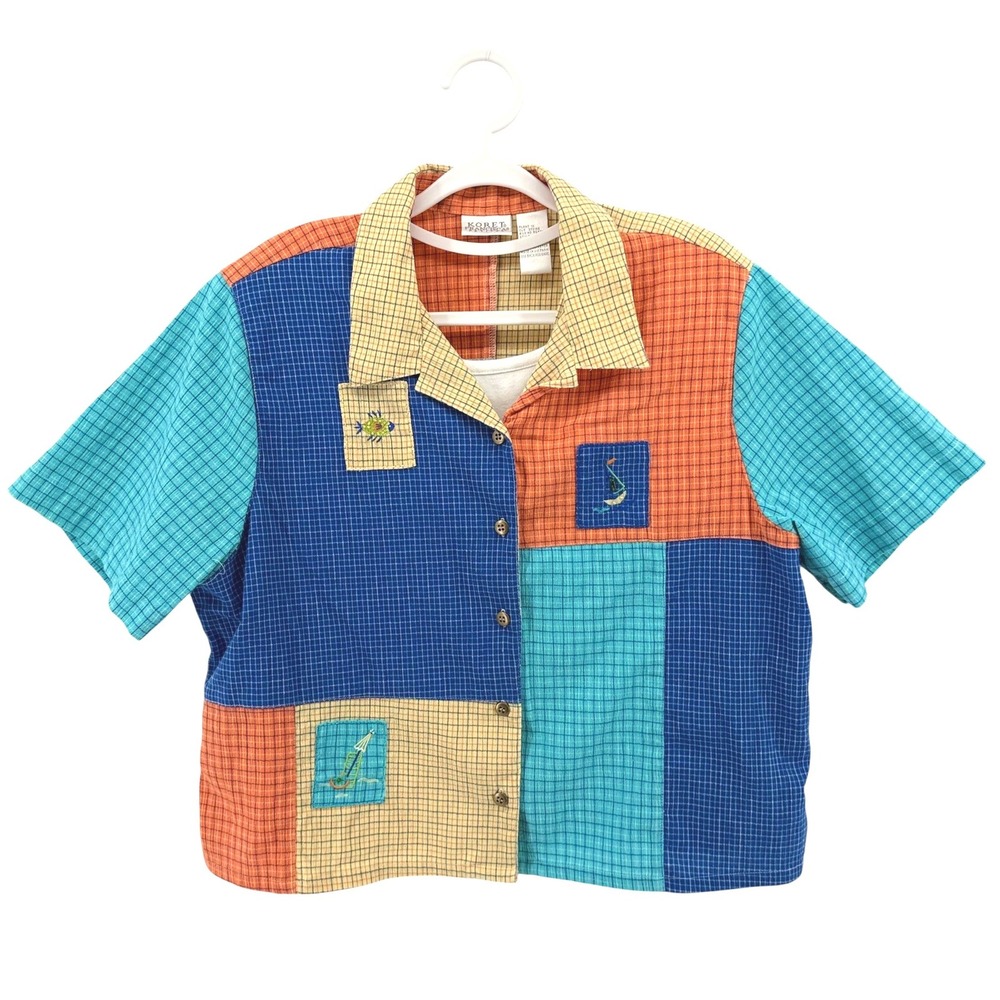 Koret Francisca Patchwork Nautical Embroidered Button Up Shirt XLP Vintage